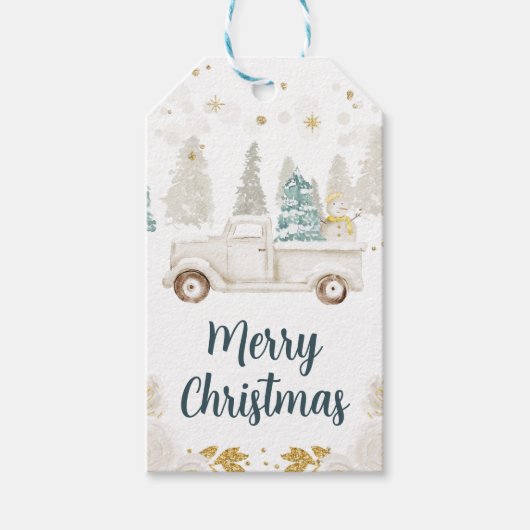 ウィンターホワイト&金ゴールドトラックフローラメリークリスマス ギフトタグ (正面)