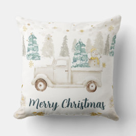 ウィンターホワイト&金ゴールドトラックフローラメリークリスマス クッション