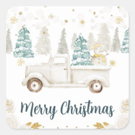 ウィンターホワイト&金ゴールドトラックフローラメリークリスマス スクエアシール