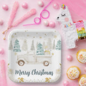 ウィンターホワイト&金ゴールドトラックフローラメリークリスマス ペーパープレート (パーティー)