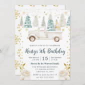 ウィンターホワイト&金ゴールドトラックフローラ誕生日 招待状 (正面/裏面)