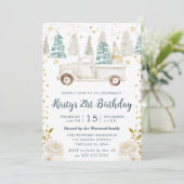 ウィンターホワイト&金ゴールドトラックフローラ誕生日 招待状 (スタンド正面)