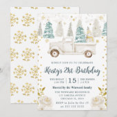 ウィンターホワイト&金ゴールドトラックフローラ誕生日 招待状 (正面/裏面)