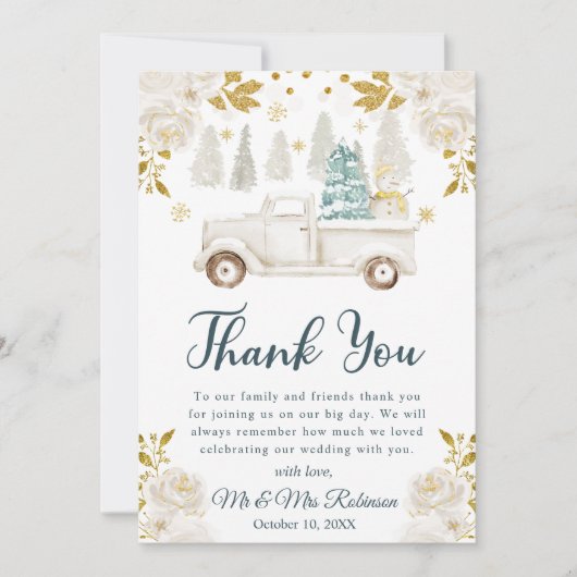 ウィンターホワイト&金ゴールドトラック結婚フローラ サンキューカード (正面)