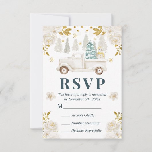 ウィンターホワイト&金ゴールドトラック結婚フローラ 出欠カード (正面)