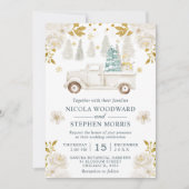 ウィンターホワイト&金ゴールドトラック結婚フローラ 招待状 (正面)