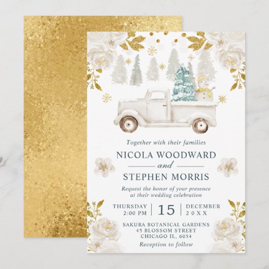 ウィンターホワイト&金ゴールドトラック結婚フローラ 招待状 (正面/裏面)