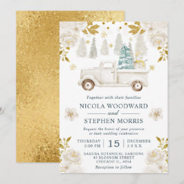 ウィンターホワイト&金ゴールドトラック結婚フローラ 招待状