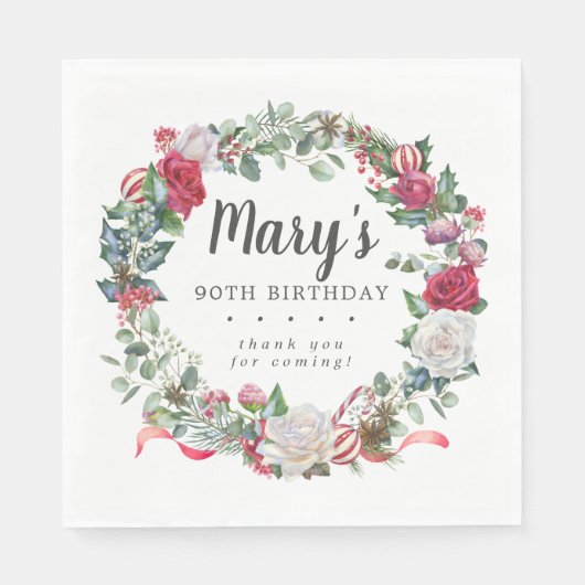 ウィンターボタニカルバラ90誕生日 エレガント スタンダードランチョンナプキン (正面)