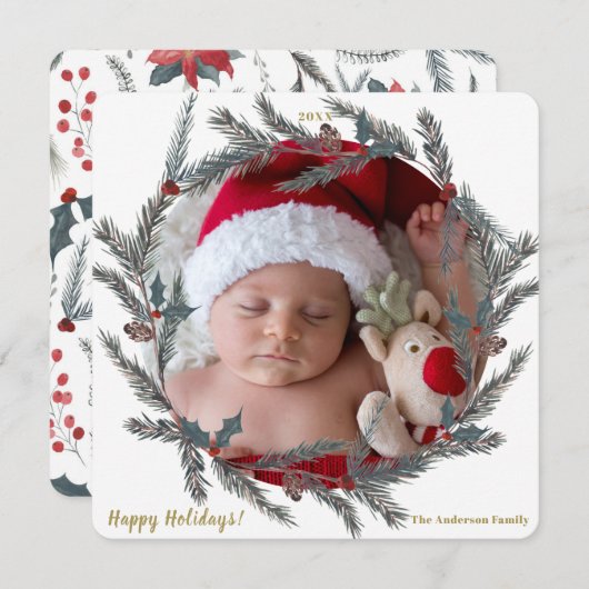 ウィンターボタニカルパインベリーリースホリデーフォト 招待状 (正面/裏面)