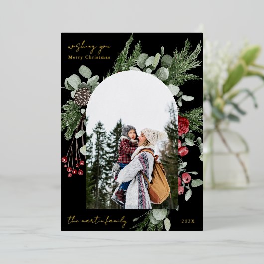 ウィンターボタニカルフレームツー写真クリスマスブラック 箔シーズンカード (立ち正面)