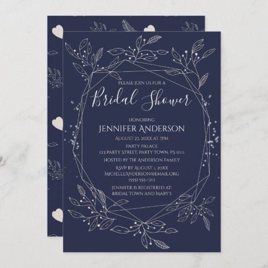ウィンターボタニカルブルーホワイトブライダルシャワー 招待状 (正面/裏面)