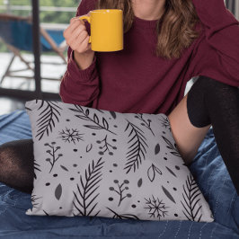 ウィンターボタニカル装飾用クッション – グレー クッション