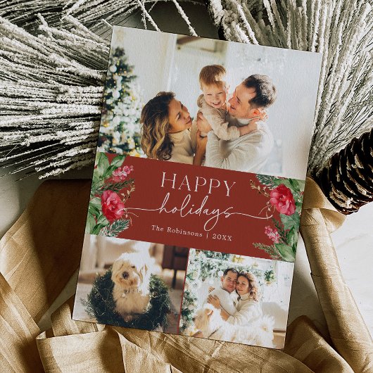 ウィンターボタニカル バーガンディレッド モダンスクリプト フォト シーズンカード