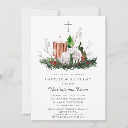 ウィンターボーイガールツインズバプテスマと誕生日 招待状 (正面)