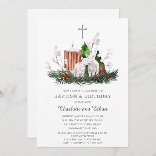 ウィンターボーイガールツインズバプテスマと誕生日 招待状 (正面/裏面)