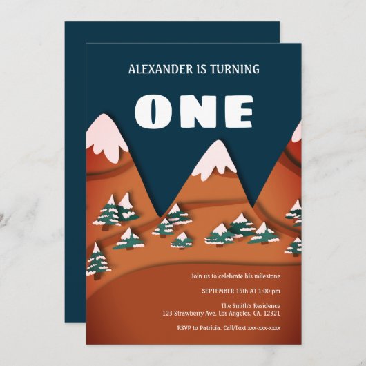 ウィンターボーイモダンファースト誕生日 招待状 (正面/裏面)