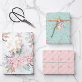 ウィンターポインセチアピンクグリーンパステルクリスマス ラッピングペーパーシート