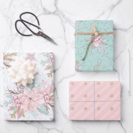 ウィンターポインセチアピンクグリーンパステルクリスマス ラッピングペーパーシート (正面)