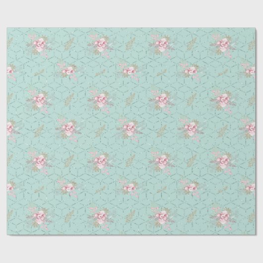 ウィンターポインセチアピンクグリーンパステルクリスマス ラッピングペーパー (フラット)