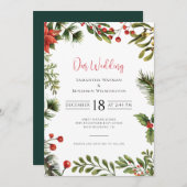ウィンターポインセチア緑結婚フローラ 招待状 (正面/裏面)