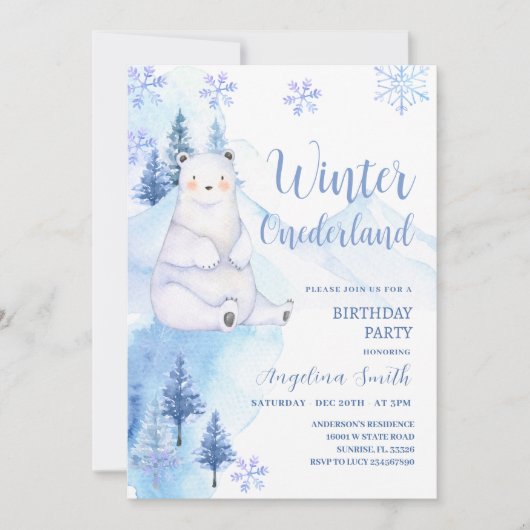 ウィンターポーラベアスノーフレーク誕生日 招待状 (正面)