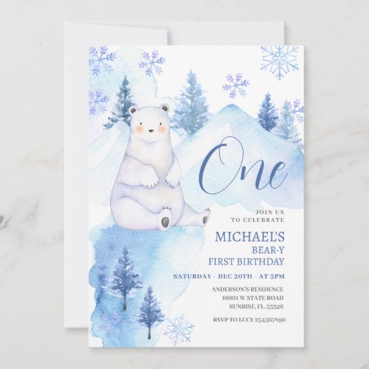 ウィンターポーラーベアーフォレストファースト誕生日 招待状 (正面)