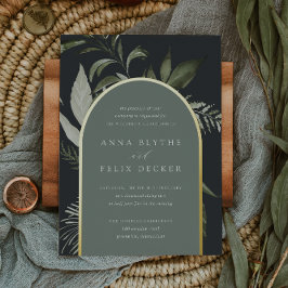 ウィンターメドウグリーンボタニカルアーチ結婚ーズ 箔招待状