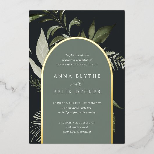 ウィンターメドウグリーンボタニカルアーチ結婚ーズ 箔招待状 (正面)