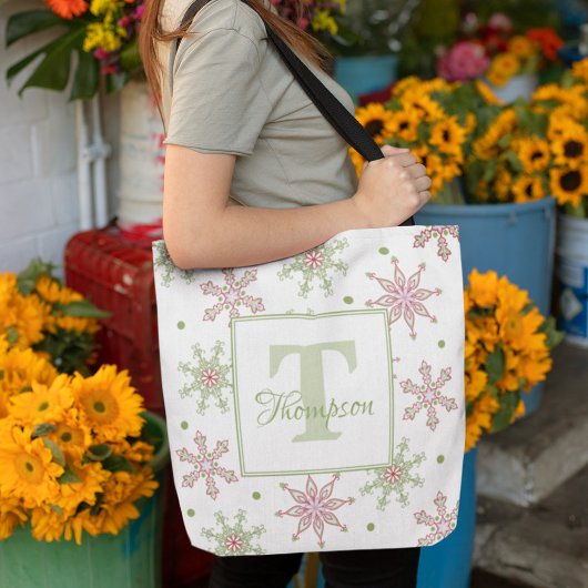 ウィンターモノグラムスノーフレークモダンホリデースタイリッシュ トートバッグ