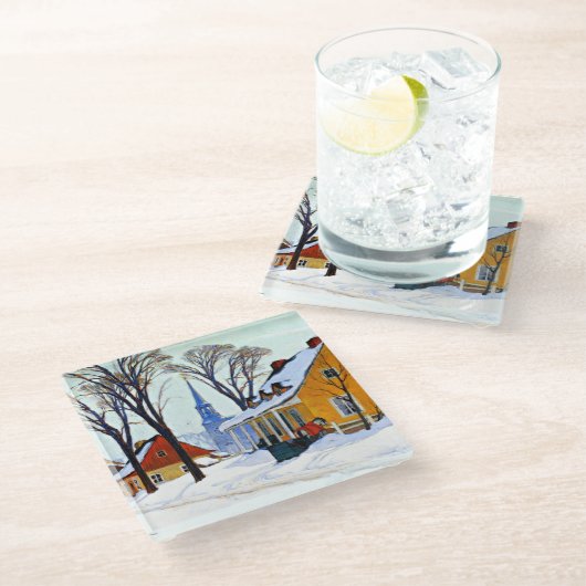 ウィンターモーニング、素晴らしClarence Gagnonによるアート ガラスコースター (アングル)