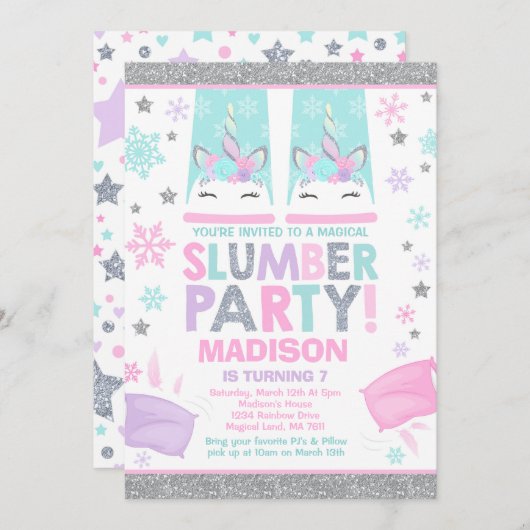 ウィンターユニコーンスランバーパーティの招待状 招待状 (正面/裏面)
