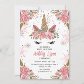 ウィンターユニコーン1st誕生日赤面ピンク招待状 招待状 (正面)