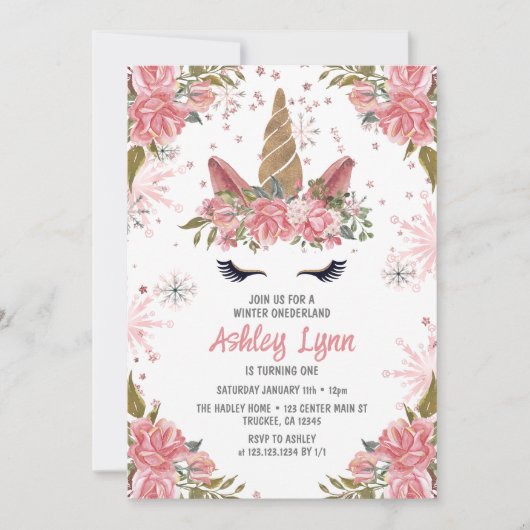 ウィンターユニコーン1st誕生日赤面ピンク 招待状 (正面)
