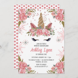 ウィンターユニコーン1st誕生日赤面ピンク 招待状