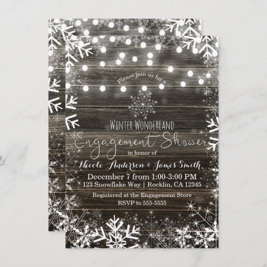 ウィンターライツスノーフレーク素朴婚約シャワー 招待状 (正面/裏面)