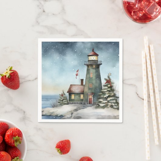 ウィンターライトハウス航海のビーチクリスマス スタンダードカクテルナプキン (インサイチュ)