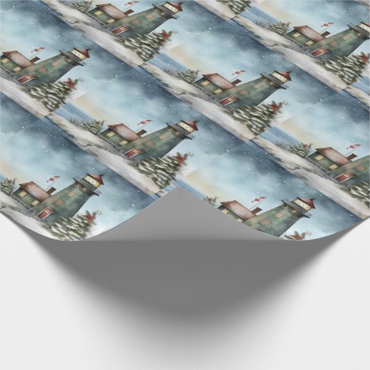 ウィンターライトハウス航海のビーチクリスマス ラッピングペーパー (角)