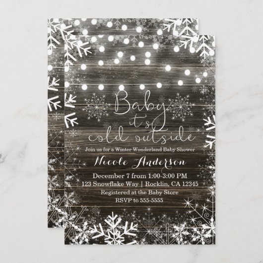ウィンターライト&スノーフレーク素朴ベビーシャワー 招待状 (正面/裏面)