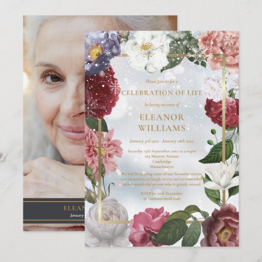 ウィンターライフのお祝い 葬儀 花の写真 招待状 (正面/裏面)