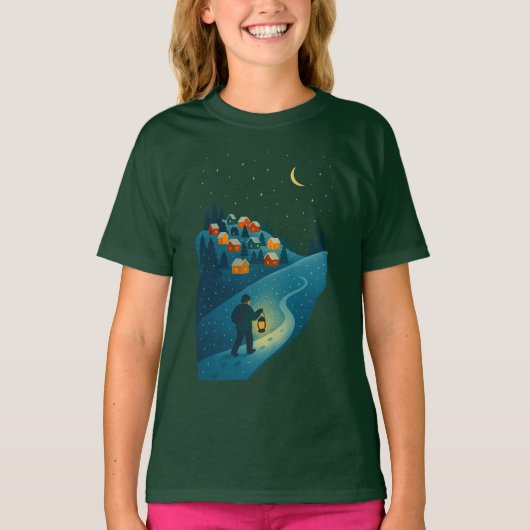 ウィンターランタンの灯りと雪景色のガールズTシャツ Tシャツ (正面)