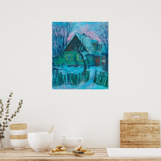 ウィンターランドスケープオールドコテージハウスパステル絵画ズ ポスター (キッチン)