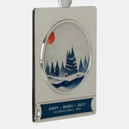 ウィンターランドスケープスノーウィーフォレストムーンブルースケッチ シルバープレートバナーオーナメント (右)