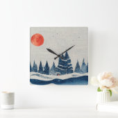 ウィンターランドスケープフォレストネイビーブルーレッドスケッチ スクエア壁時計 (ホーム)