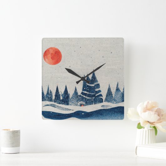 ウィンターランドスケープフォレストネイビーブルーレッドスケッチ スクエア壁時計 (ホーム)
