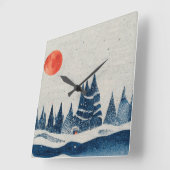 ウィンターランドスケープフォレストネイビーブルーレッドスケッチ スクエア壁時計 (傾斜)
