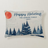 ウィンターランドスケープフォレストムーンネイビーブルースケッチ アクセントクッション (正面)