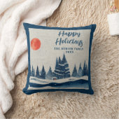 ウィンターランドスケープフォレストムーンネイビーブルースケッチ クッション (ブランケット)