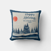 ウィンターランドスケープフォレストムーンネイビーブルースケッチ クッション (正面)