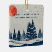 ウィンターランドスケープフォレストムーンネイビーブルースケッチ セラミックオーナメント (右)